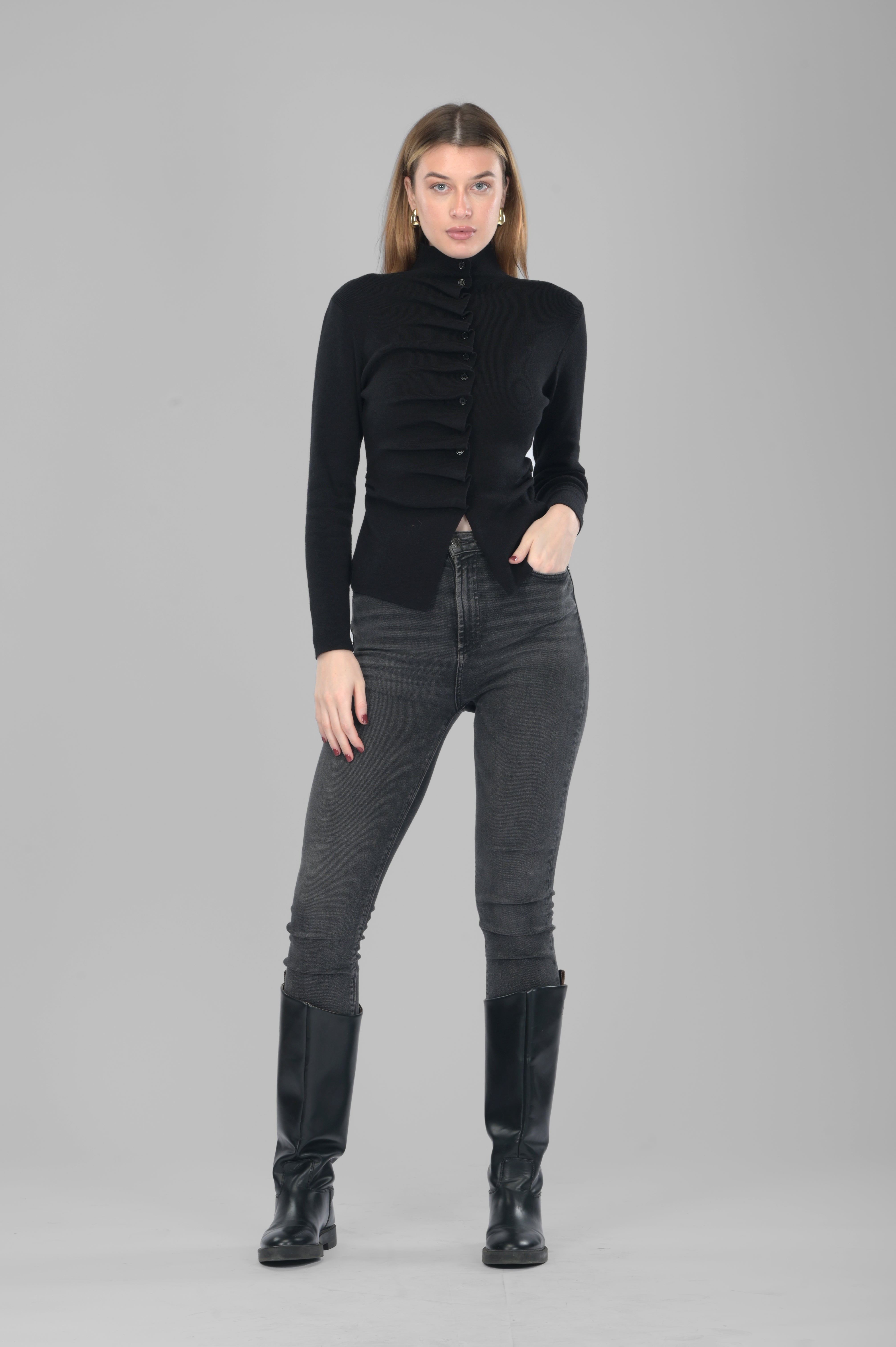 Ruffled Full Sleeve Woollen Knit Top (MOZR Black) – MOZR Clothing