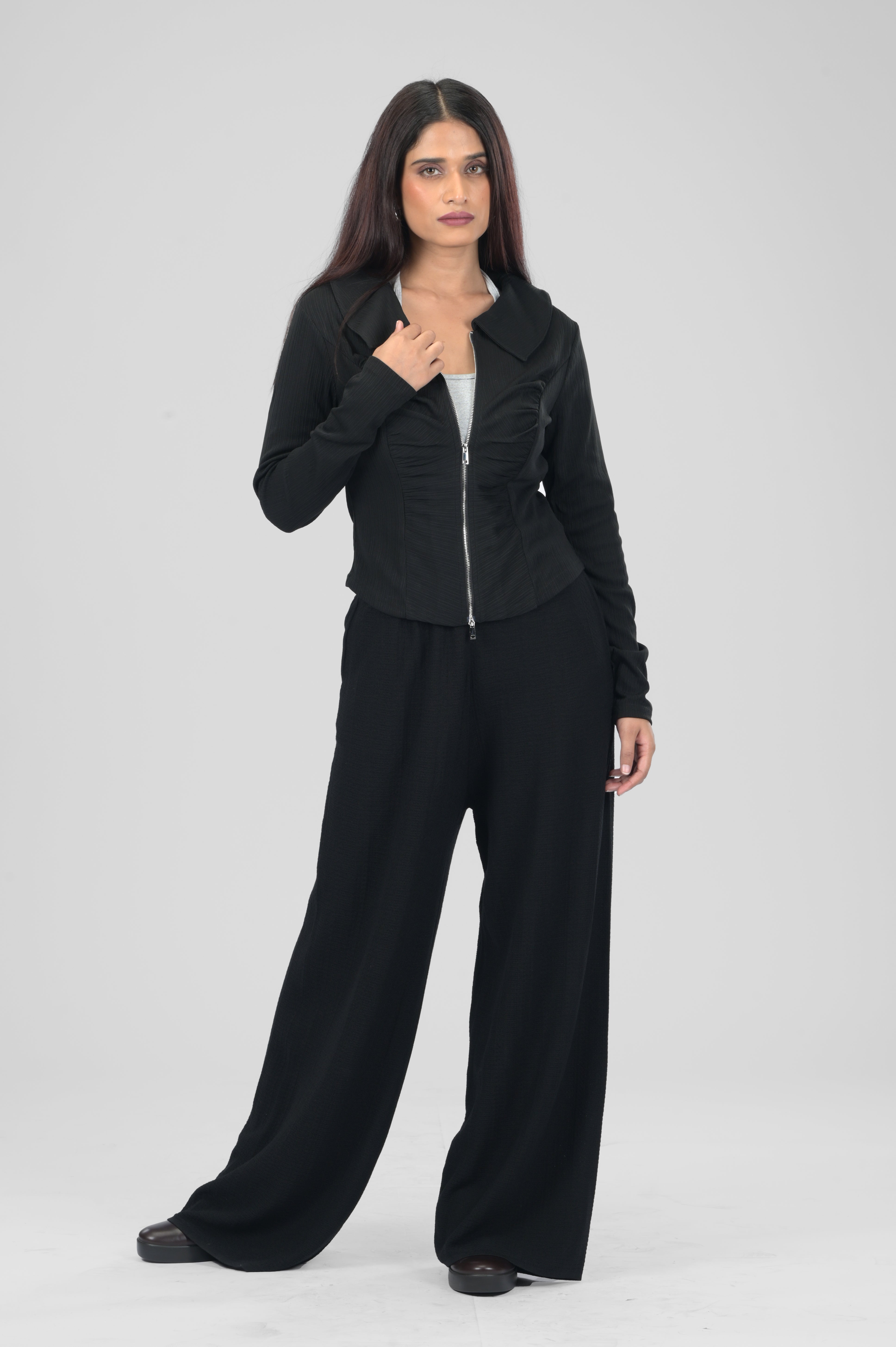 MOZR Rushed Collar Zip-Front Top
