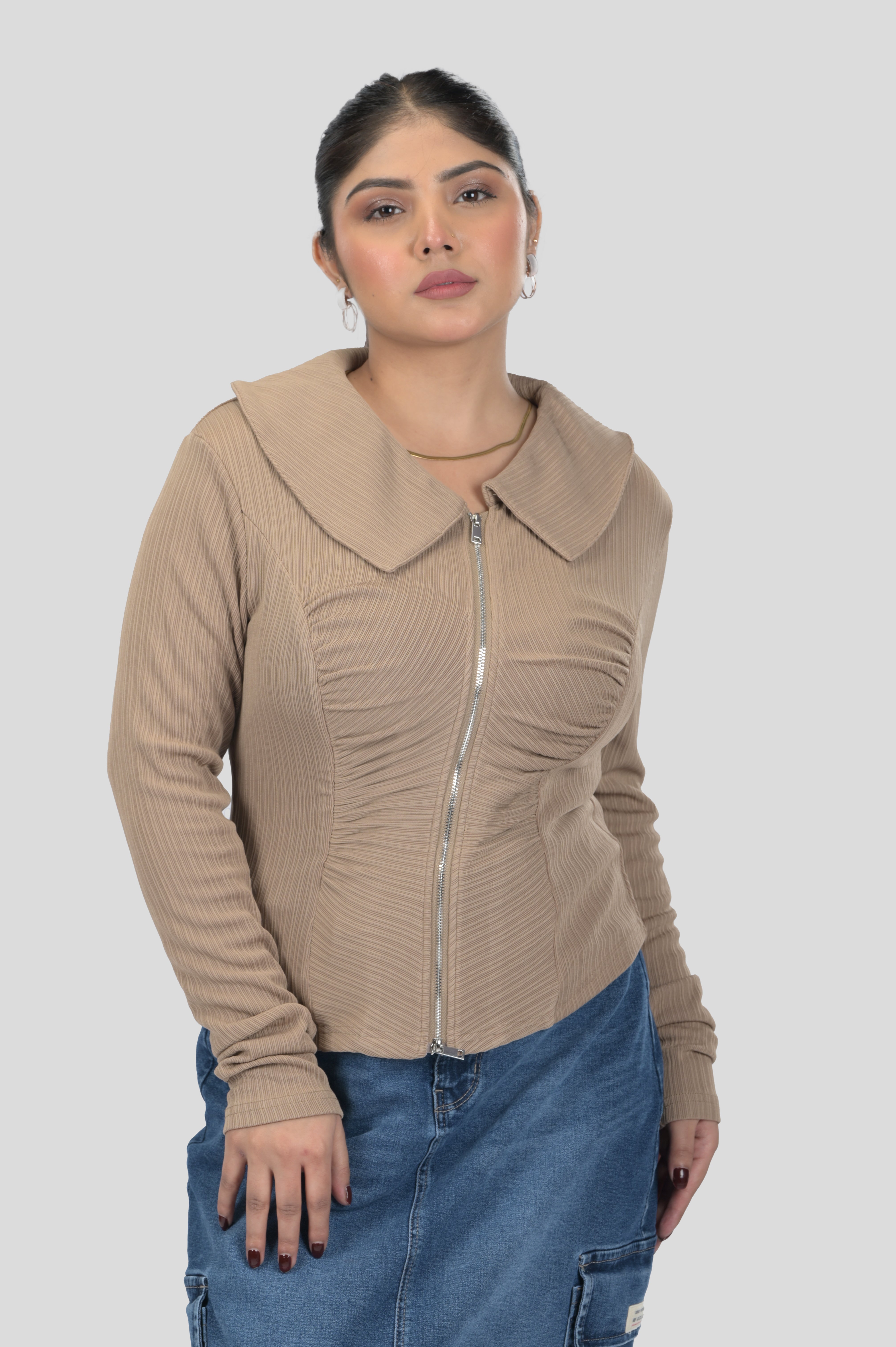 MOZR Rushed Collar Zip-Front Top Taupe
